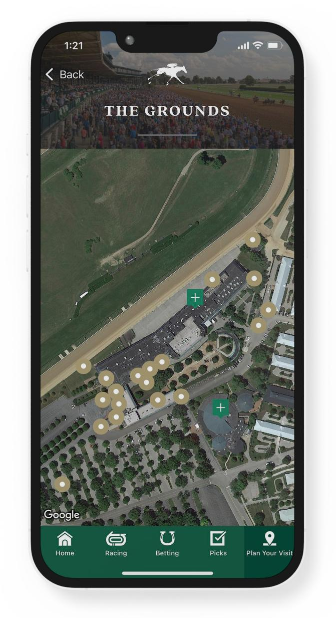 Keeneland Race Day app mockup showing map of The Grounds