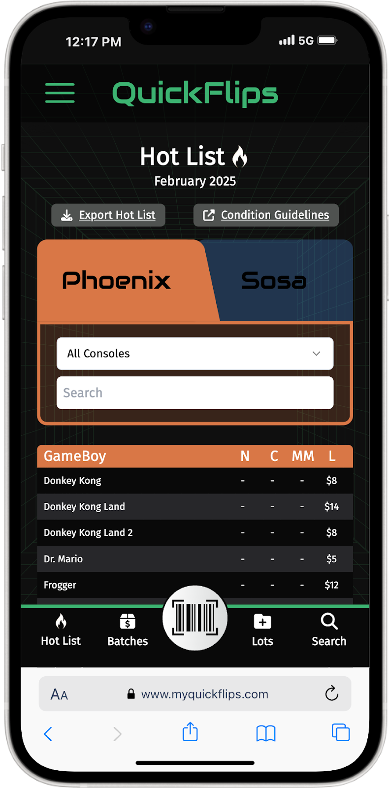 QuickFlips PWA mobile app mockup showing Hot List for Phoenix and Sosa