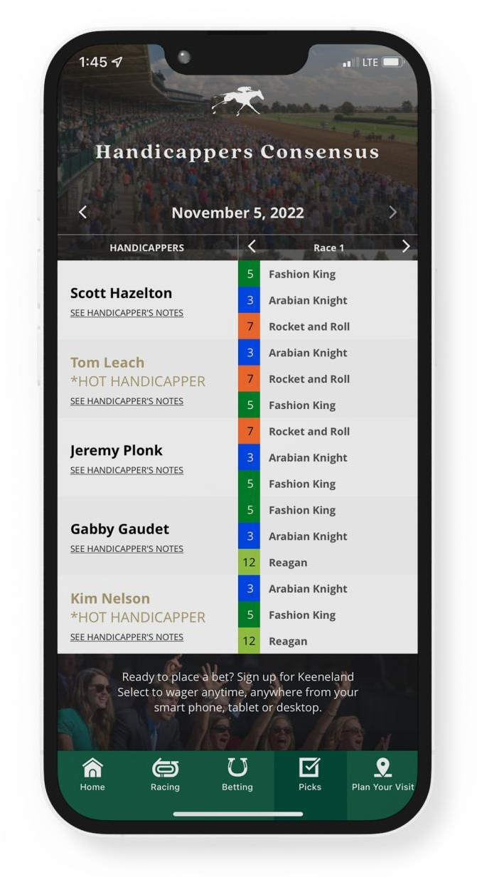 Keeneland Race Day app mockup showing Handicappers Consensus