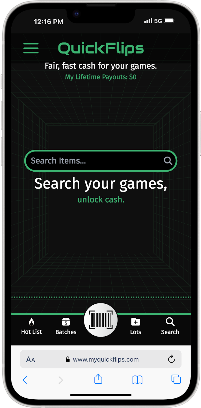 QuickFlips PWA mobile app mockup showing search and scan features