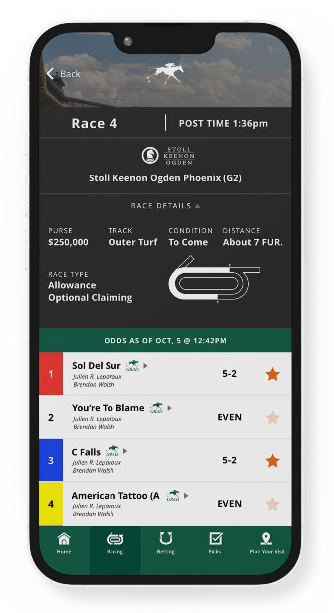 Keeneland Race Day app mockup showing Race 4 details