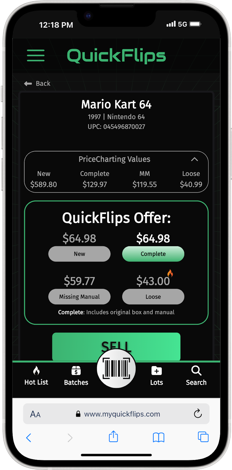 QuickFlips PWA mobile app mockup showing game details and offer