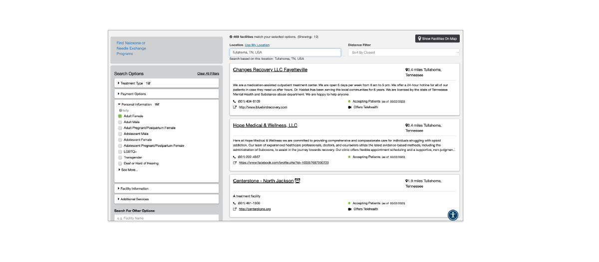 FindHelpNowKY.org search results page